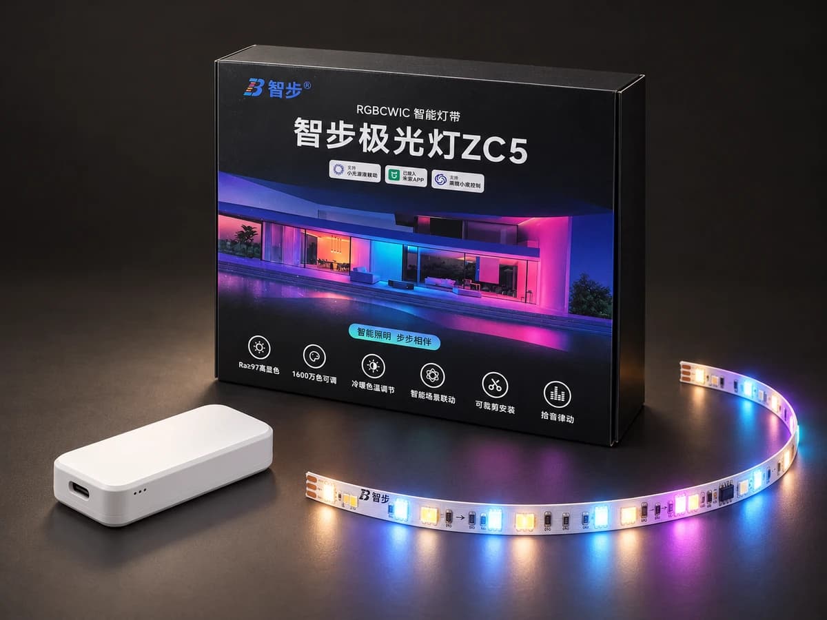参考实拍包装制作的 ZC5 包装盒、白色控制器与彩色灯带深色组合展示图